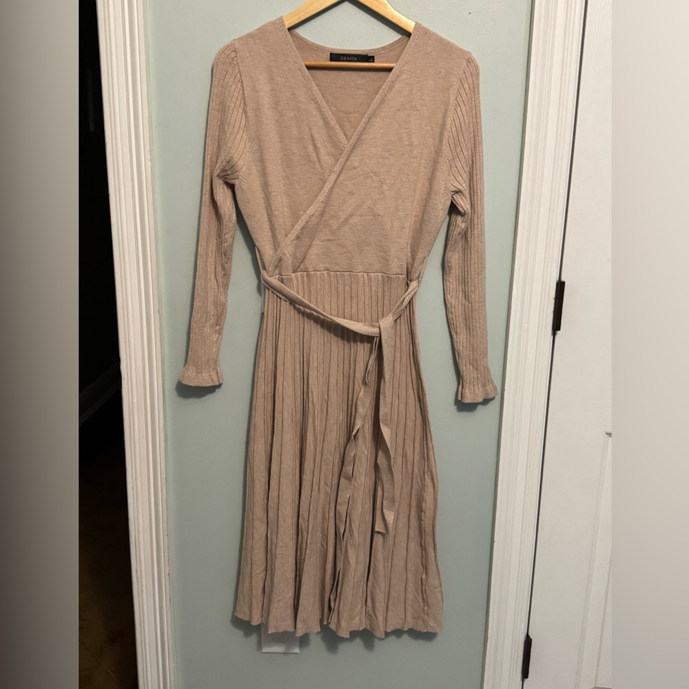 Chic Beige Long Sleeve sweater loop Wrap Look front ,Pleated bottom Dress SzL